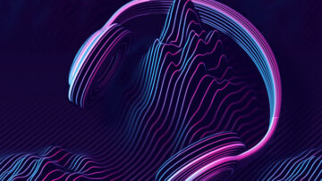 3D headphone with sound waves on dark background.