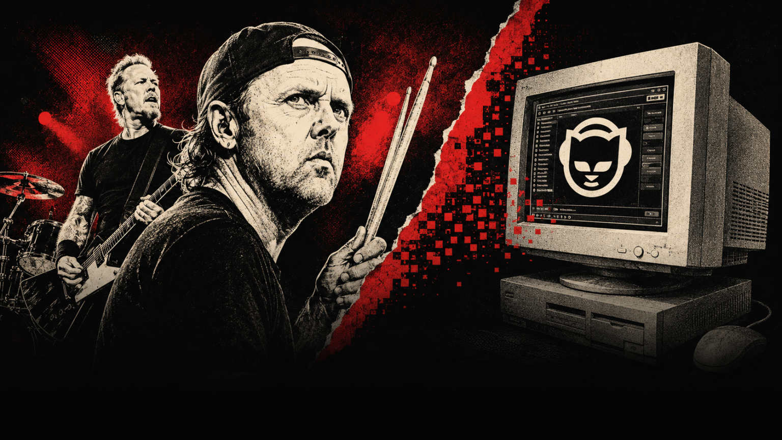 Editorial illustration of Metallica’s Lars Ulrich and James Hetfield beside a vintage computer displaying the Napster symbol