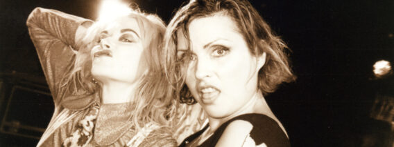 Pam Hogg and Debbie Harry performing together during a Doll tour encore in Birmingham