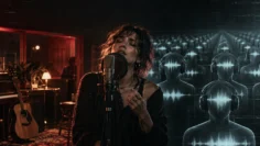 A human vocalist stands apart from rows of identical synthetic listeners in a recording studio