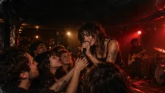 An independent vocalist connects closely with a loyal crowd in an underground music venue