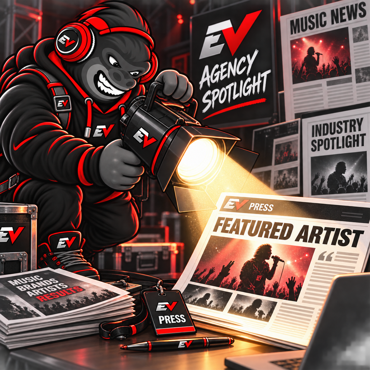 EV gorilla mascot aiming a studio spotlight at a featured-artist press story — Agency Spotlight