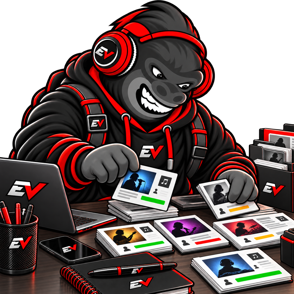 EV gorilla mascot arranging client cards across a desk — Client Roster Setup