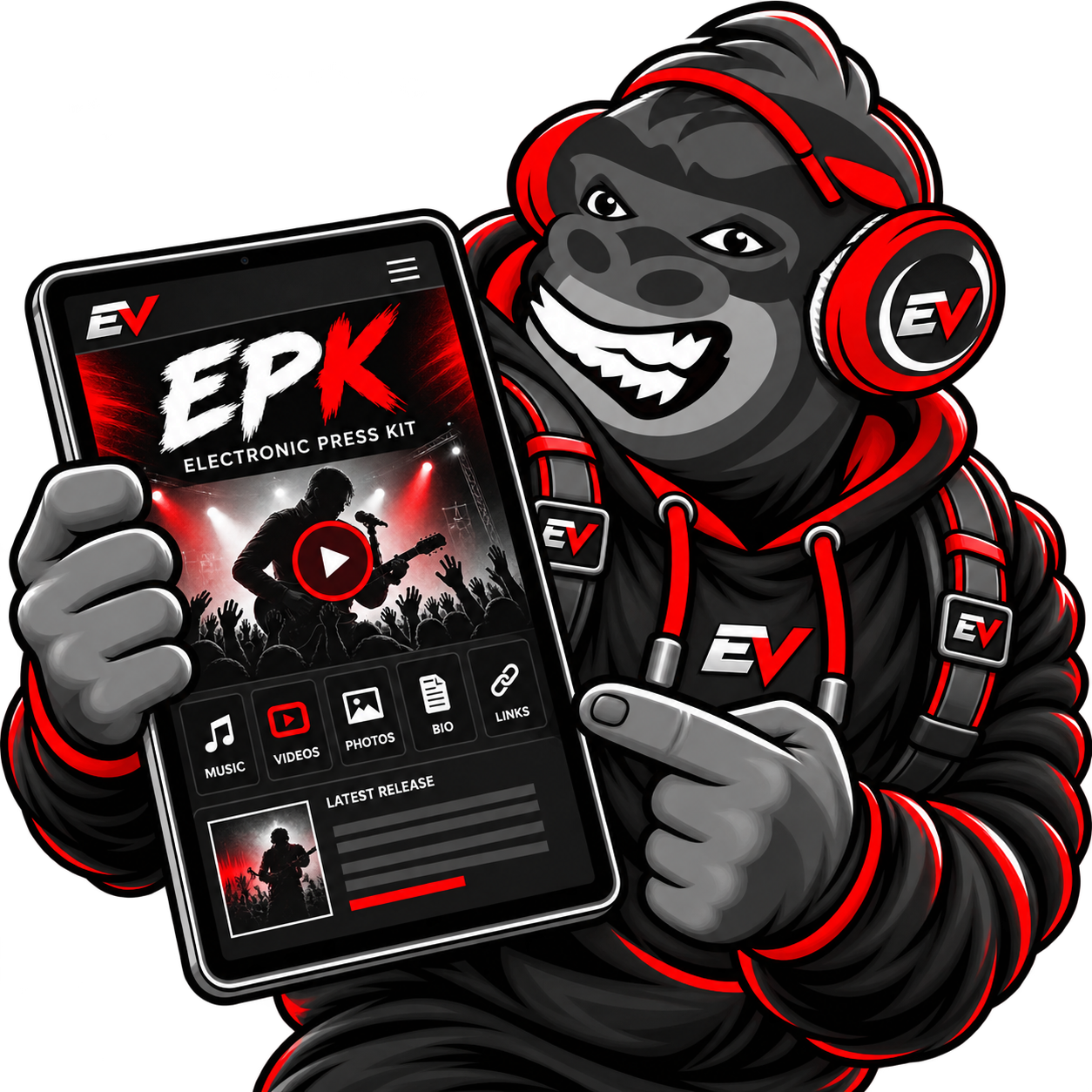 EV gorilla mascot with an electronic press kit — Exposed Vocals Digital EPK