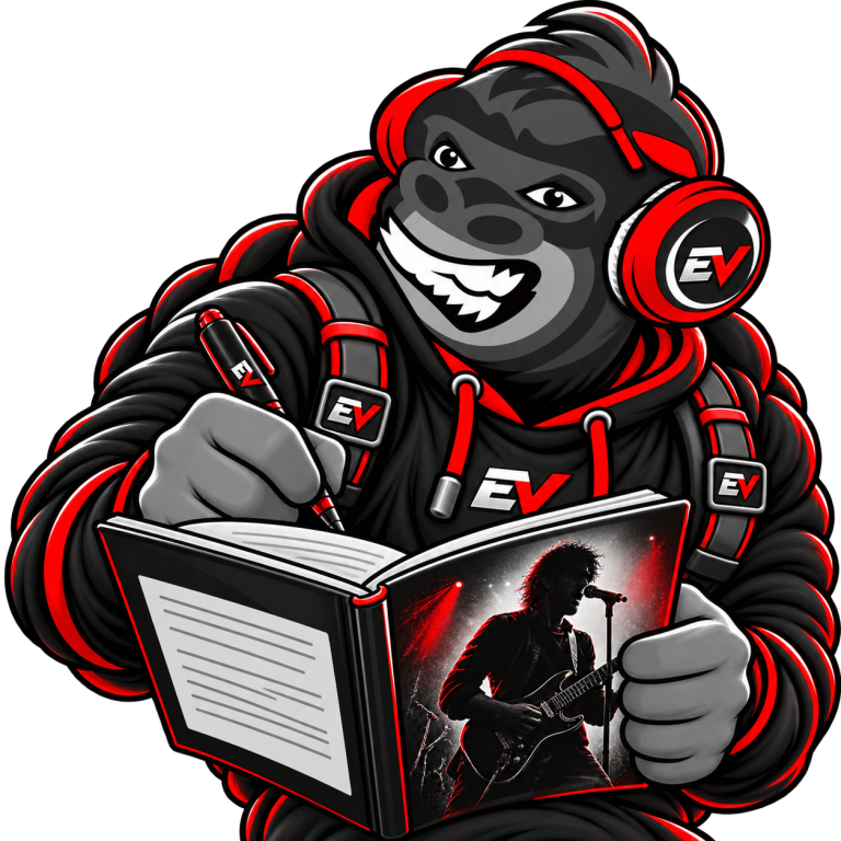 EV gorilla mascot writing in a music notebook — Artist Bio & Brand Story Kit