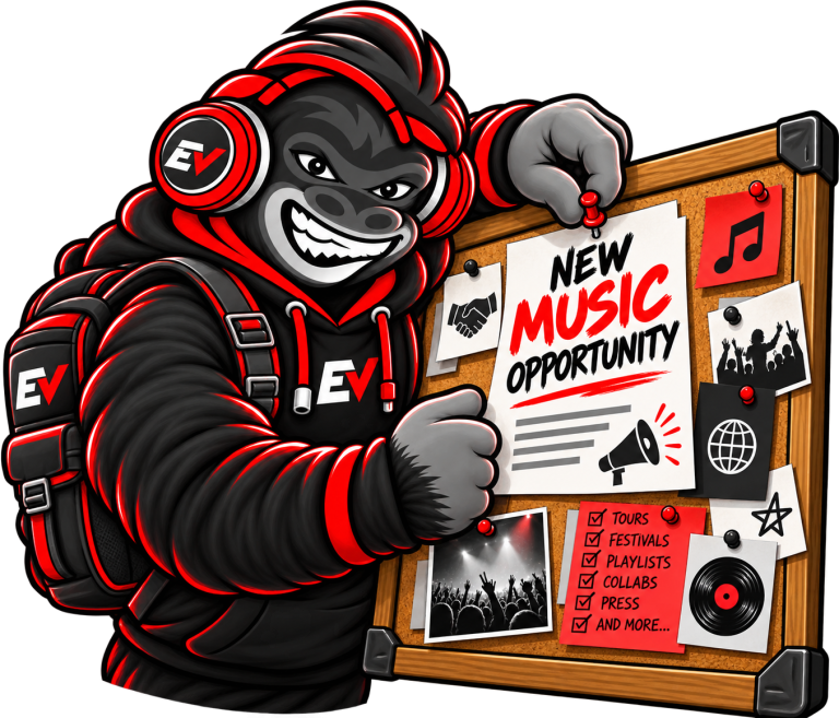 EV gorilla mascot pinning a new music opportunity to a bulletin board — Opportunity Listing