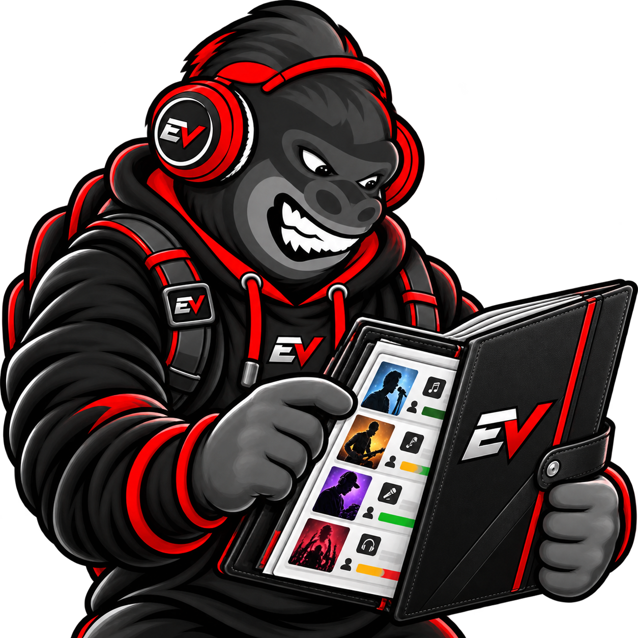 EV gorilla mascot holding a black EV portfolio — Professional Portfolio