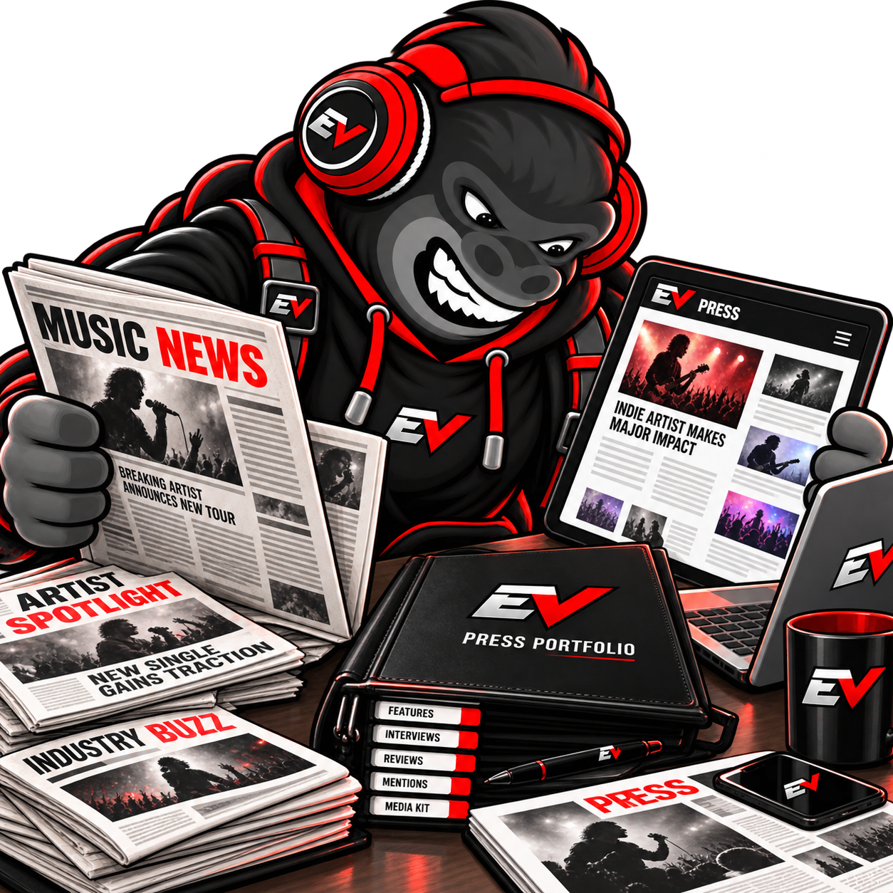EV gorilla mascot reviewing newspaper clippings and online press coverage — PR Portfolio Audit