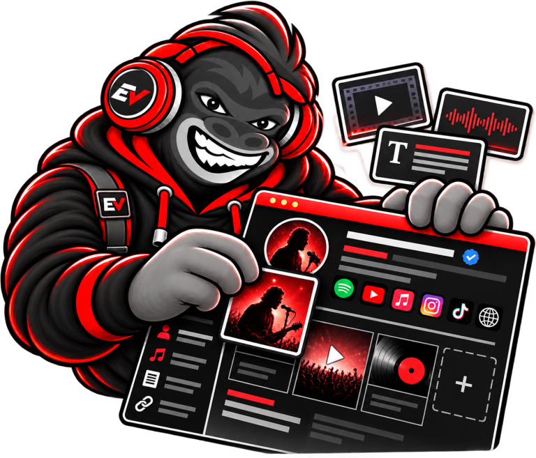 EV gorilla mascot assembling a professional music profile — Industry Profile Setup