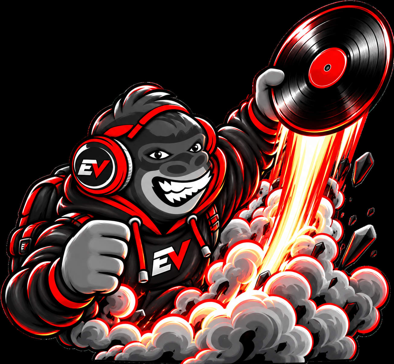 EV gorilla mascot launching a vinyl record like a rocket — The Exposed Vocals Release Launch