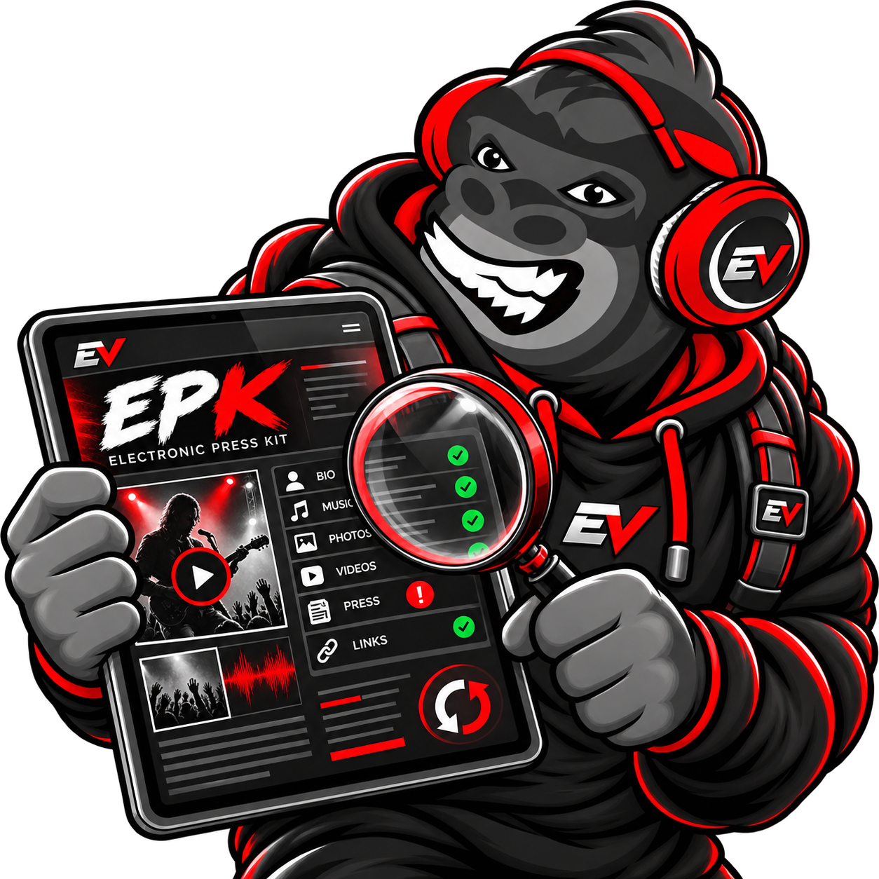 EV gorilla mascot auditing a press kit — EPK Audit & Refresh