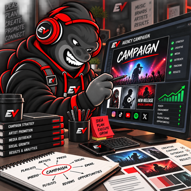 EV gorilla mascot designing a promotional campaign on a large monitor — Agency Campaign Page