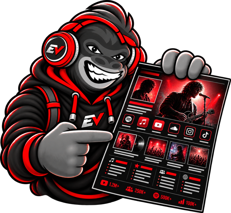 EV gorilla mascot presenting a one-page press sheet — Artist One Sheet