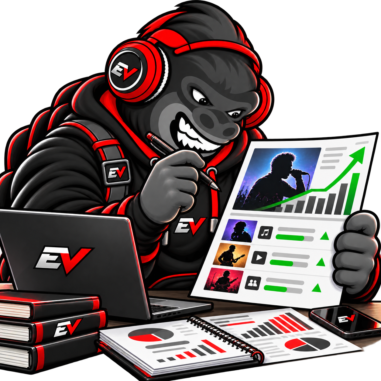 EV gorilla mascot studying an upward-trending artist development chart — Artist Development Audit
