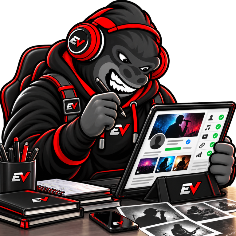 EV gorilla mascot at a desk reviewing an artist profile — Management Profile Setup