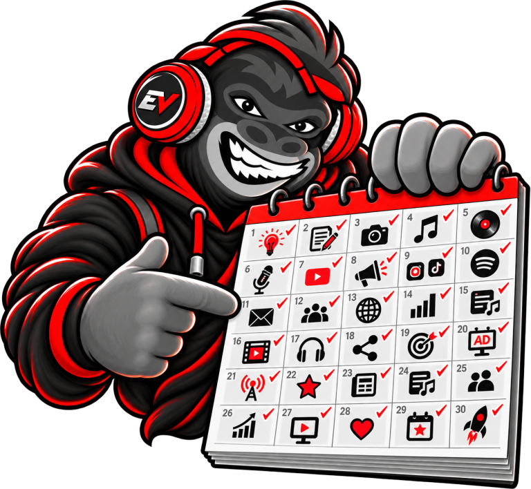 EV gorilla mascot holding a music-release calendar — Exposed Vocals 30-Day Release Campaign