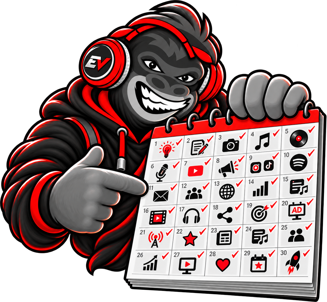 EV gorilla mascot holding a music-release calendar — Exposed Vocals 30-Day Release Campaign
