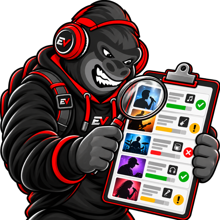 EV gorilla mascot reviewing a roster of artist profiles — Management Roster Audit