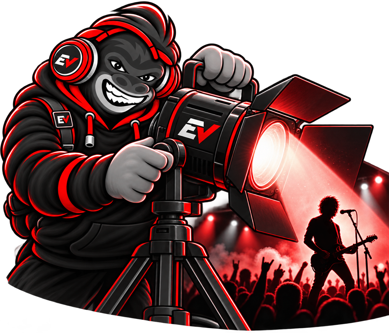 EV gorilla mascot aiming a spotlight at a performing artist — Industry Spotlight