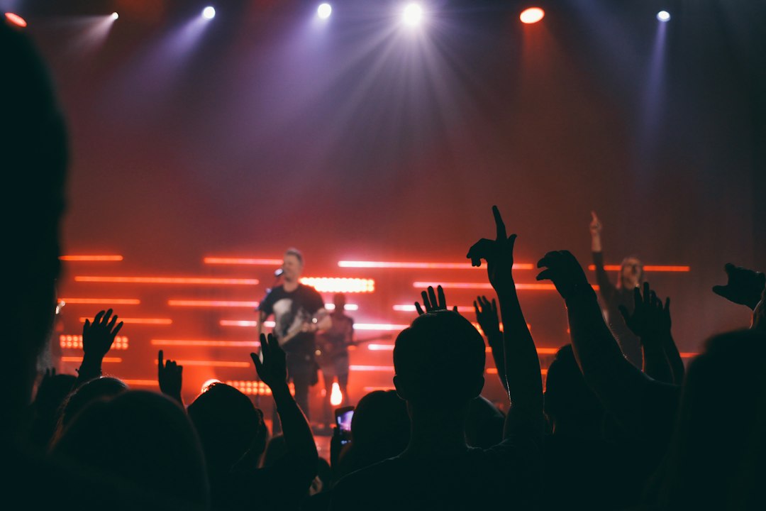 Audience watching an independent music performance under stage lights