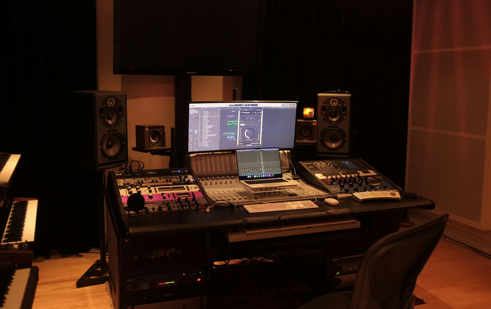 Computer and audio production equipment in a recording studio