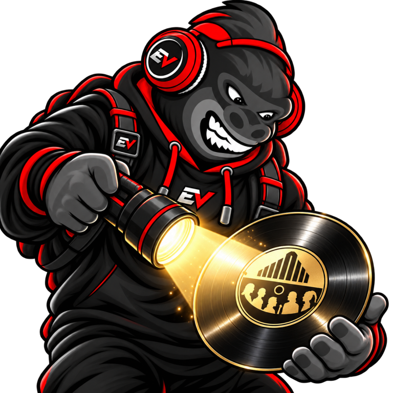EV gorilla mascot shining a spotlight on a gold record label emblem — Label Spotlight