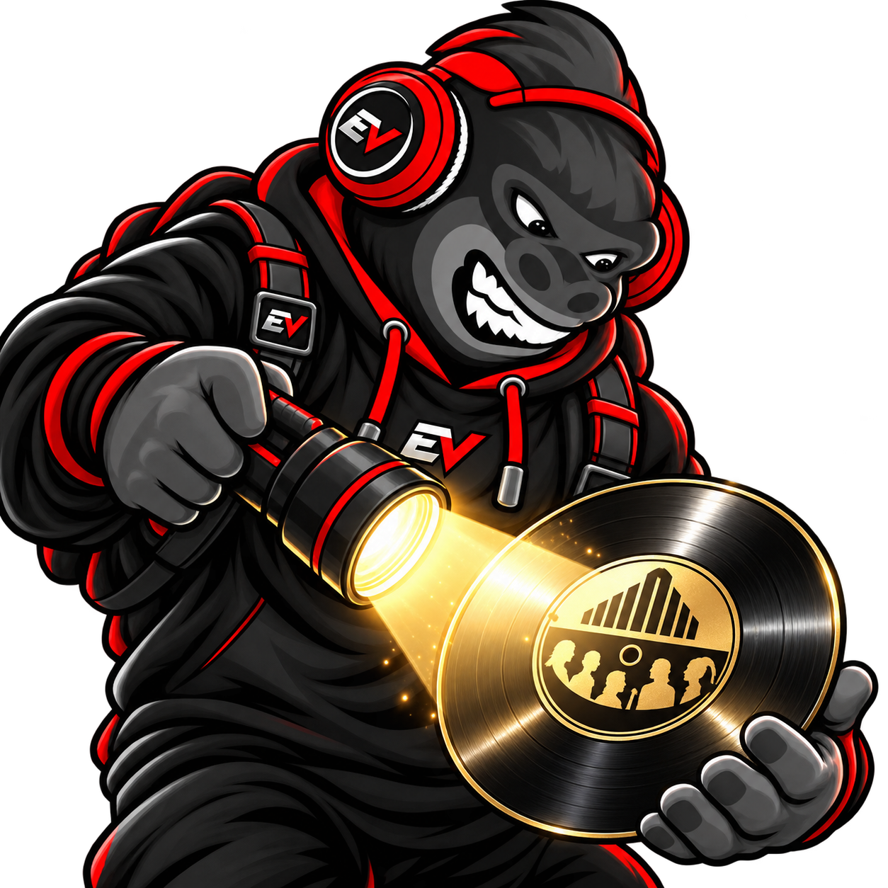 EV gorilla mascot shining a spotlight on a gold record label emblem — Label Spotlight