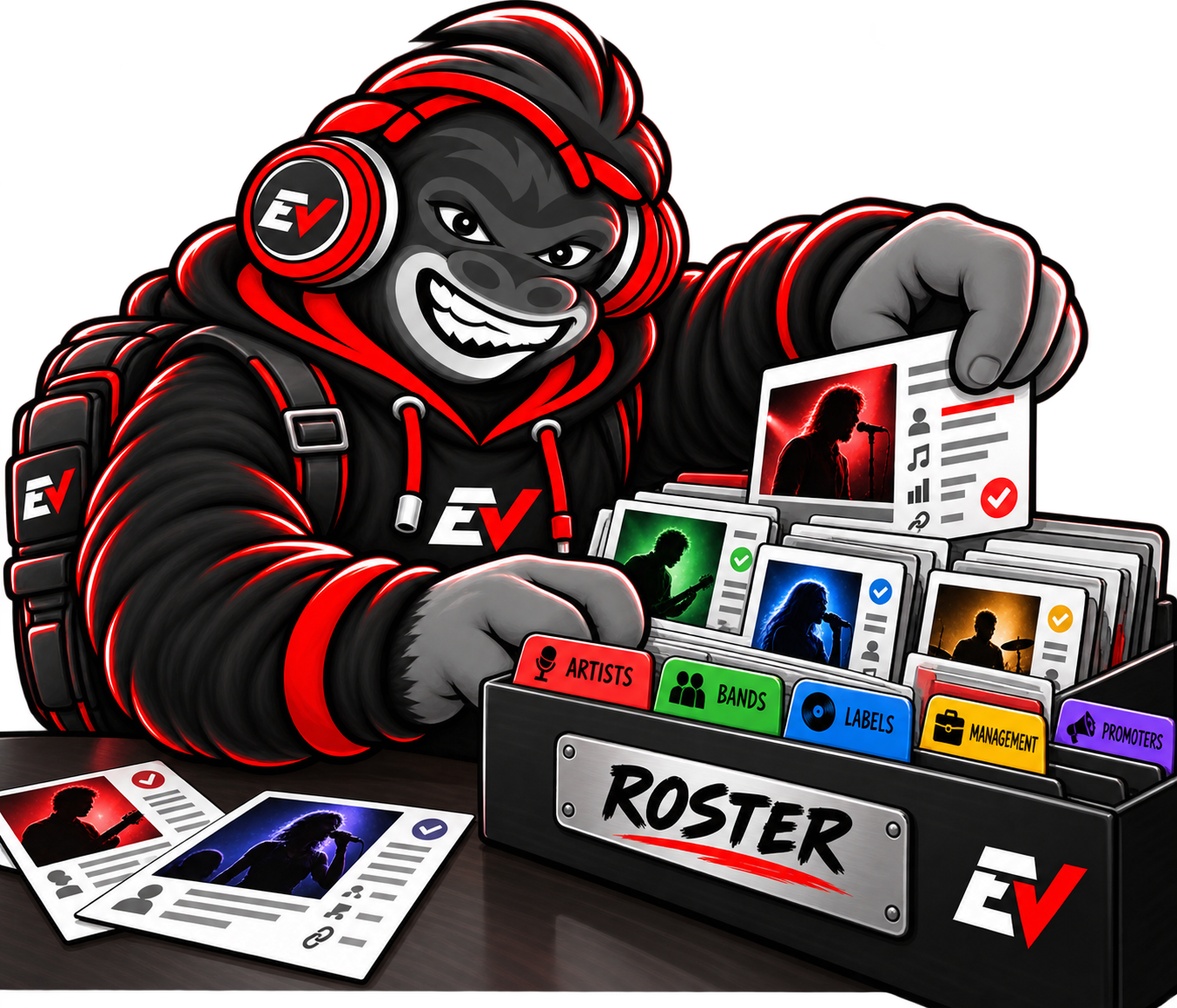 EV gorilla mascot organizing artist profile cards in a roster box — Roster Setup