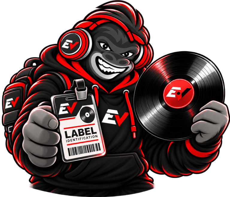 EV gorilla mascot holding a vinyl record and a label ID card — Label Profile Setup