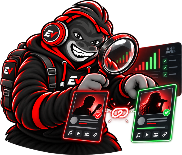 EV gorilla mascot examining two connected profile cards with a magnifying glass — Match Readiness Audit