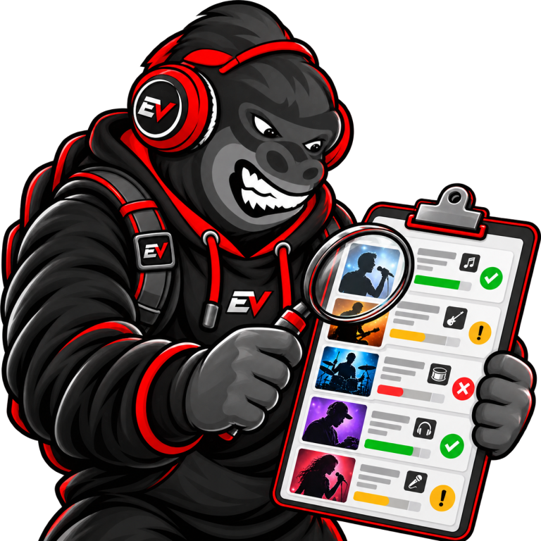 EV gorilla mascot inspecting artist profiles on a clipboard — Label Roster Audit